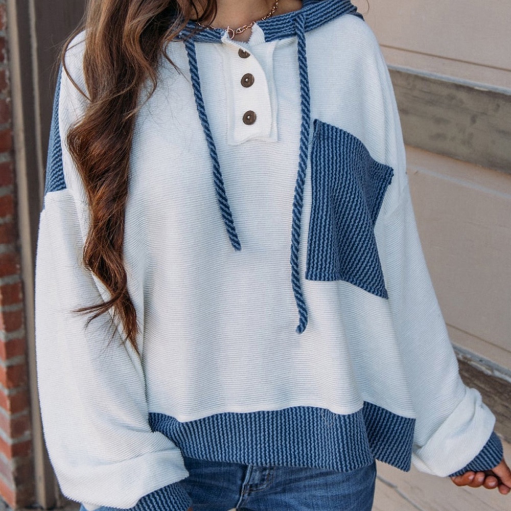 B136 White Corded Color block Patch Pocket Drawstring Hooded Top